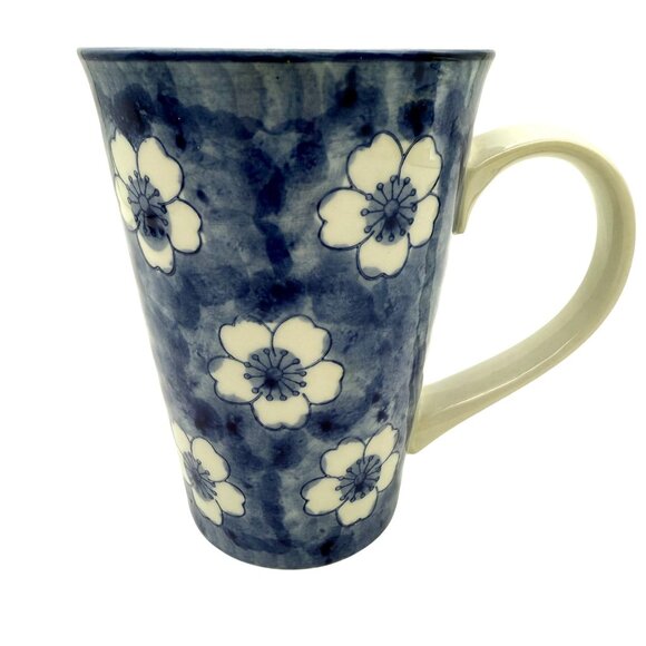 Artisan Handmade Stoneware Blue Floral Pattern Coffee Mug Tall 14 oz - Picture 1 of 9
